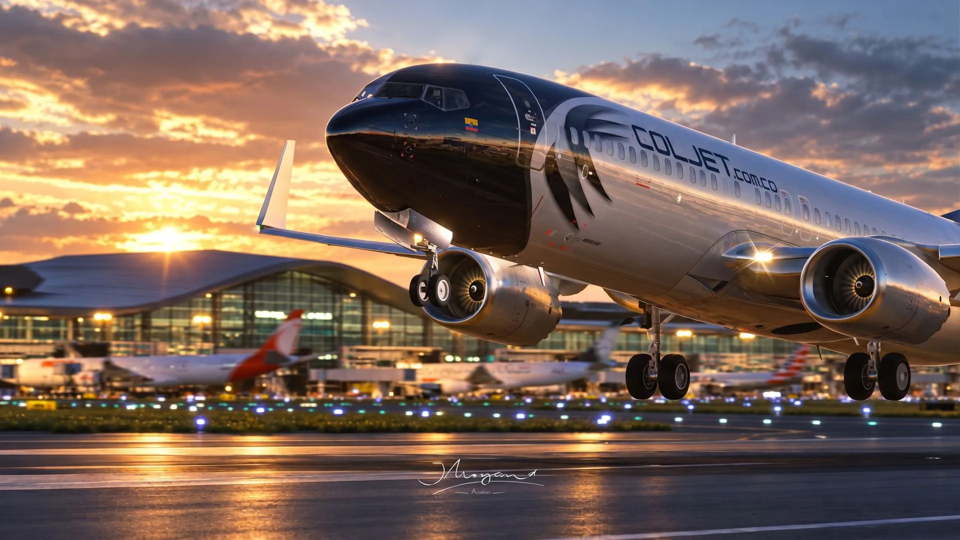 Airbus A320 de COLJET despegando al atardecer